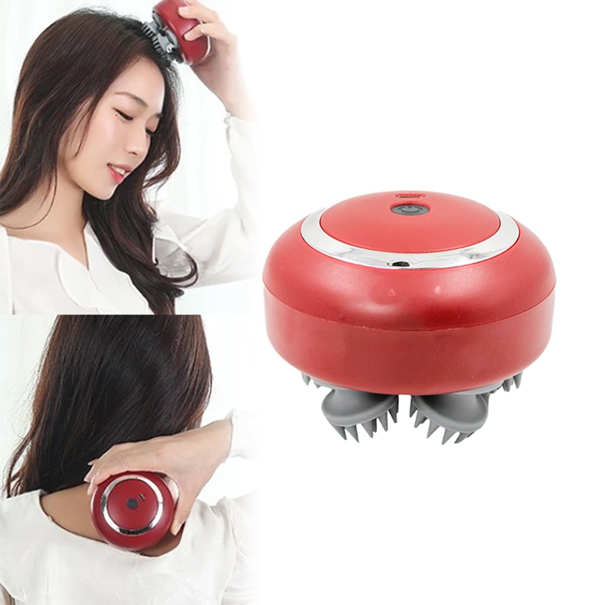 Massageador elétrico — visão geral com uso no couro cabeludo e ombros